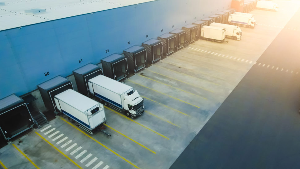 Warehouse loading docks and trucks